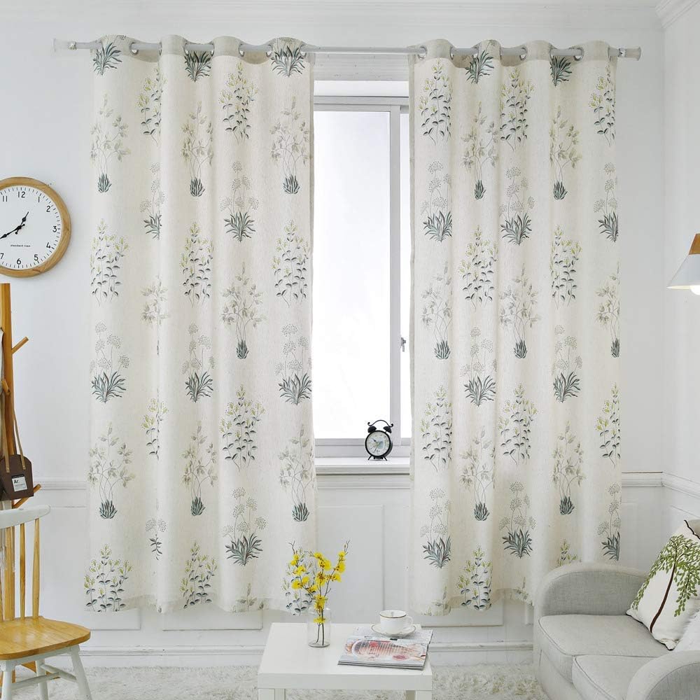 Floral Linen Curtains for Living Room Light Filtering Patterned Green Botanical Window Drapes for Bedroom Grommet 2 Panels 96 Inches Length