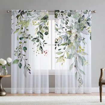 Green Eucalyptus Leaves Sheer Curtains for Living Room 84 inch Length 2 Panels Set Elegant Wild Flower Floral Spring Printed Window Curtain Natural Chiffon Drapes for Bedroom