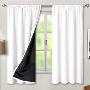 Thermal Insulated 100% Blackout Curtains for Bedroom with Black Liner, Double Layer Full Room Darkening Noise Reducing Rod Pocket Curtain (52 x 63 Inch, Pure White, 2 Panels)