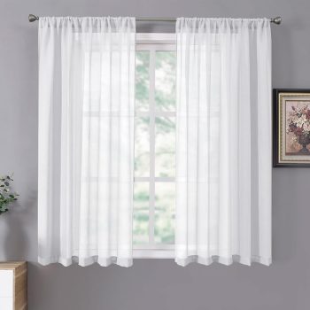 Short Sheer Curtains Linen Textured Bedroom Curtain Sheers Light Filtering Rod Pocket Voile Curtains for Living Room, 54 x 45 inches Long, White, Set of 2 Panels