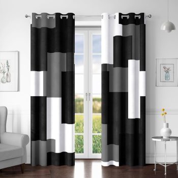 Black Grey 100% Blackout Curtains for Bedroom 84 inch Length 2 Panels Set White Gray Modern Abstract Geometric Black Out Curtains Insulated Room Darkening Window Drapes for Living Room, 52Wx84L