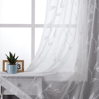 White Sheer Voile Curtains, Decorative White Embroidery Faux Linen Rod Pocket Window Drapes for Home Kitchen, Living Room and Bedroom 54 x 84 Inch, Set of 2 Curtain Panels