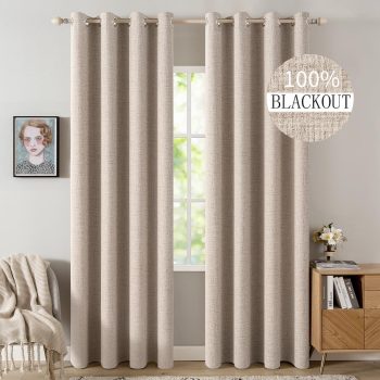 90 Inches Linen Textured Curtains for Bedroom 100% Blackout Thermal Insulated Natural Beige Grommet Room Darkening Curtains & Drapes Luxury Decor for Living Room Nursery 52 x 90 Inch (2 Panels)