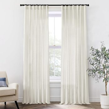 108 Inch Linen Curtains 2 Panels,With Heading Tape Hooks for Track System Back Tab,Stone Washed Cotton Flax Weave Sheer Extra Long Curtain for Living Room Bedroom,9FT 9 FT,Cream(Ivory/Off White)