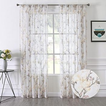 Floral White Short Sheer Curtains Flower Print Vine Embroidery Bedroom Curtain Rod Pocket Voile Window Curtains for Living Room, 54 x 45 inches Long, Set of 2 Panels