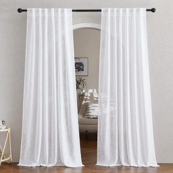 White Linen Sheer Curtains and Drapes 84 inches Long, Rod Pocket & Back Tab semitransparent with Light Through Vertical Window Treatments for Sliding Glass Door & Living Room, 52"W, Set of 2
