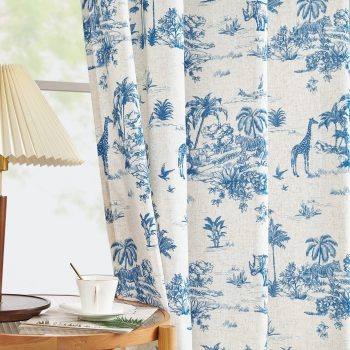 Linen Toile Curtains 84 Inches Long for Living Room Toile de Jouy Printed Farmhouse French Country Curtains Grommet Top Light Filtering Window Drapes for Bedroom 2 Panels Blue on Beige